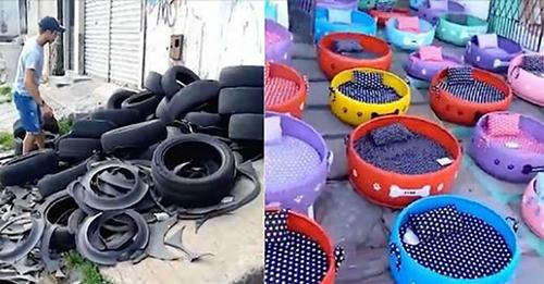Mann verwandelt Müll in Tausende von schönen Betten für bedürftige Katzen und Hunde