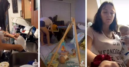 Hausfrau und Mutter, die von ihrem Mann beschuldigt wird, 'den ganzen Tag nichts zu tun', zeigt ein Video von Hausarbeiten
